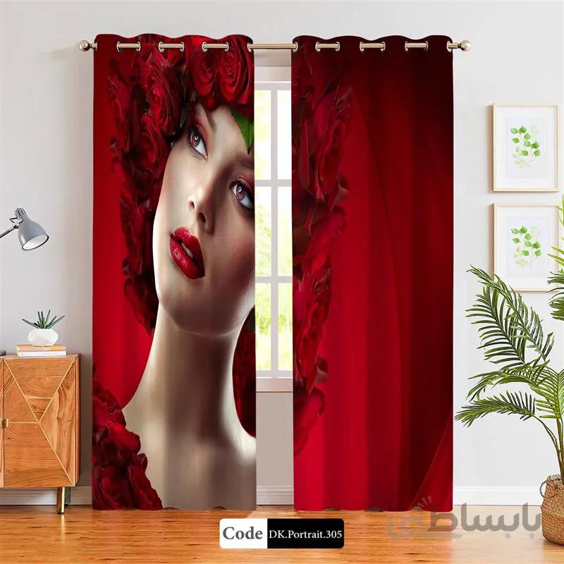 پرده پانچی (هازان و مخمل) کد DK.Portrait.305 طرح چهره زن با تاجی از گل