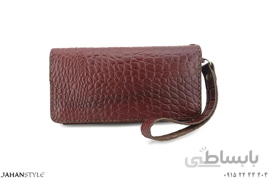کیف پول و مدارک چرم طبیعی گاوی زرشکی طرح دار