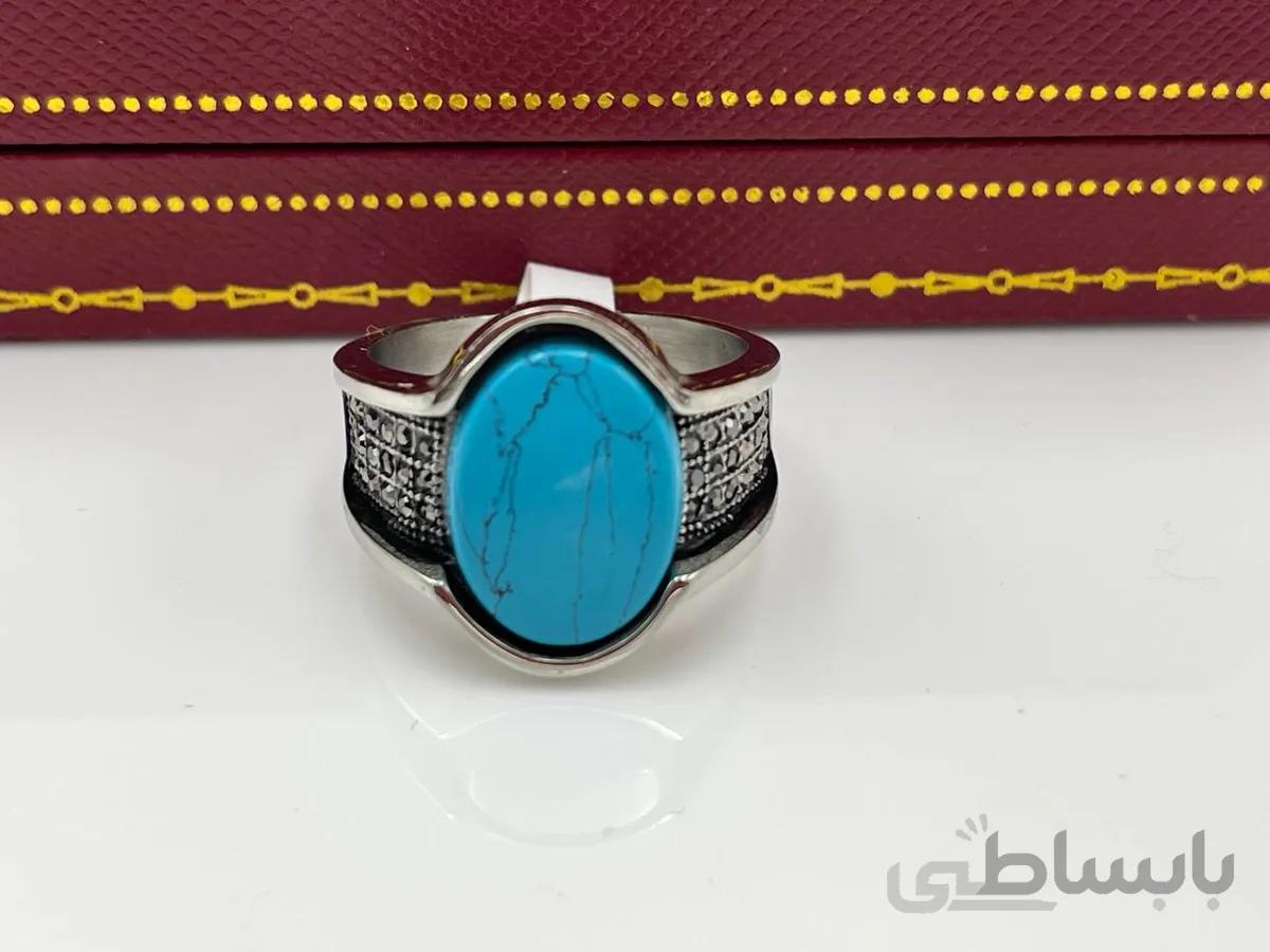 انگشتر فیروزه استیل نگین کاری نقره ای