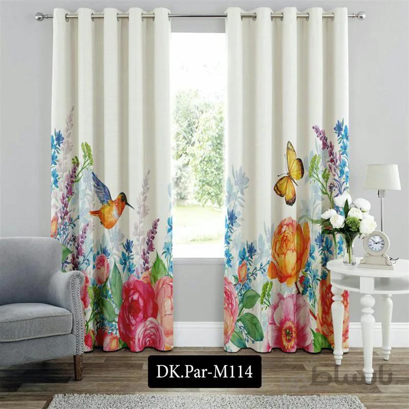 پرده پانچی (هازان و مخمل)کد DK.Par.M114 طرح پروانه در باغ گل