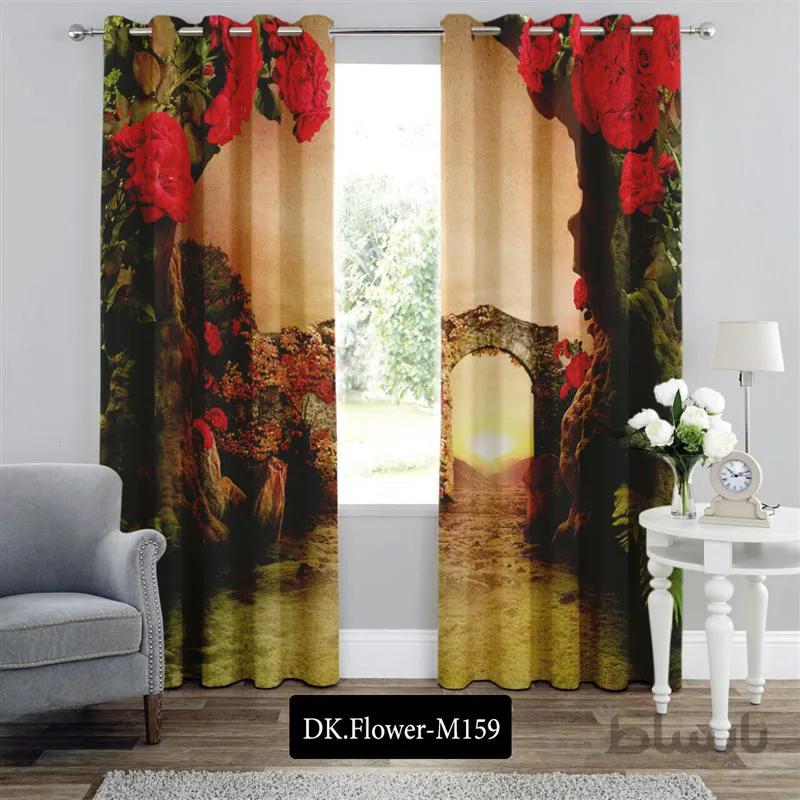 پرده پانچی (هازان و مخمل)کد DK.Flower.M159 طرح گل و منظره غار گل
