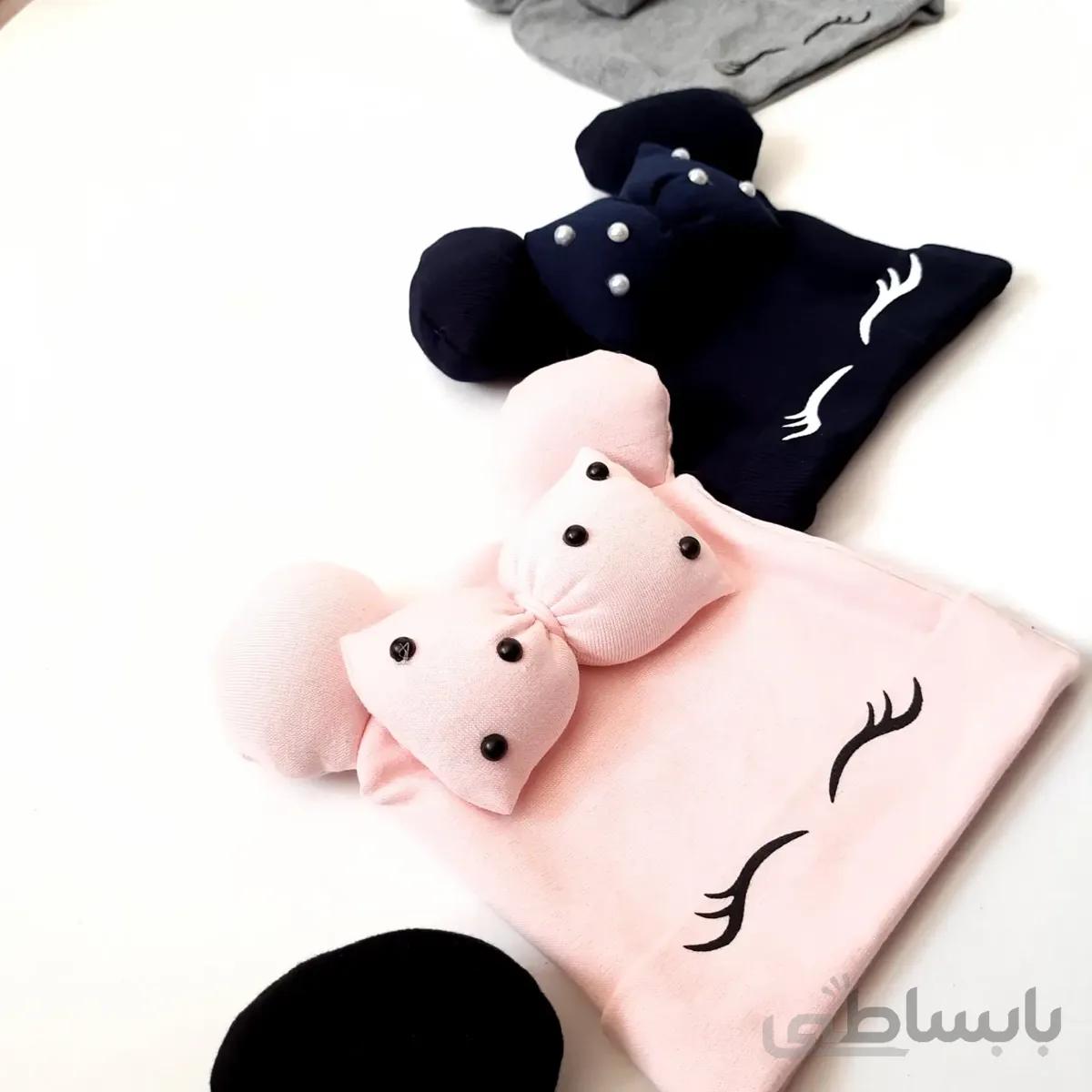 کلاه دو پاپیونی نگین دار دخترانه چشمک پاییزه و زمستانه مناسب 6 ماهه تا 2 ساله صورتی توسی مشکی سرمه ای قرمز