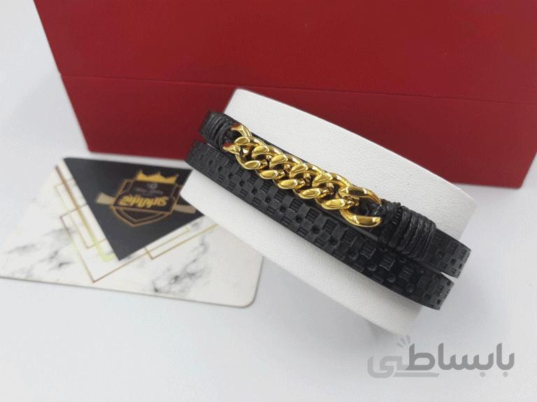 دستبند چرم طرح کارتیر زنجیری رزگلد
