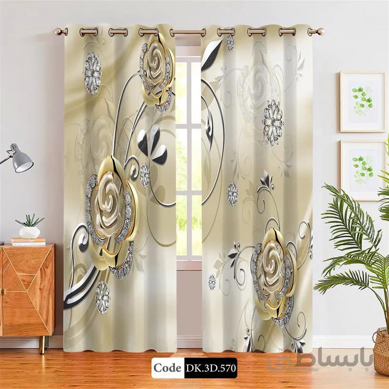 پرده پانچی (هازان و مخمل)کد DK.3D.570 طرح سه بعدی گل های نقره ای