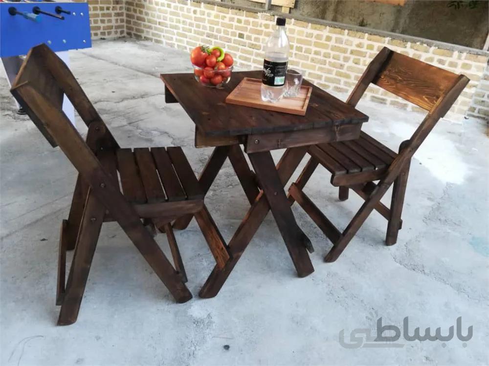 سرویس دو نفره از میز و صندلی چوبی تاشو ا Double service of folding wooden table and chair