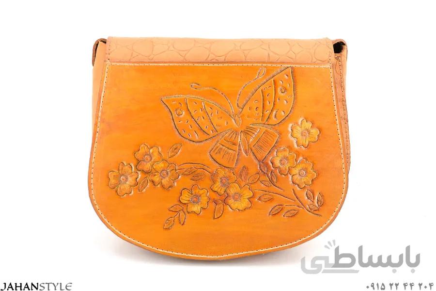 کیف دوشی چرم طبیعی قلم زنی طرح پروانه