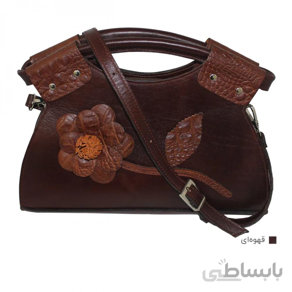 کیف زنانه دوشی و دستی چرم طبیعی گلدار قهوه ای