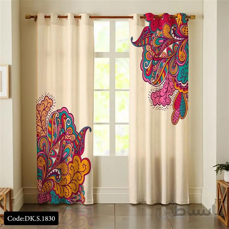 پرده پانچی (هازان و مخمل)کد DK.S.1830 طرح ایرانی و سنتی اسلیمی گل های رنگارنگ