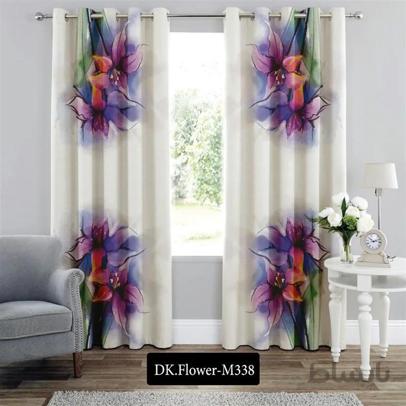 پرده پانچی (هازان و مخمل)کد DK.Flower.M338 طرح گل و منظره گلهای آبرنگی