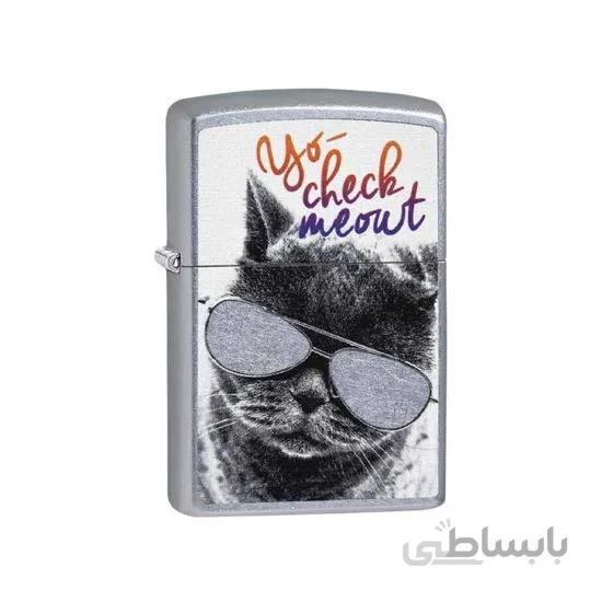 فندک زیپو مدل Zippo Cat With Glasses Design کد 29619 207 ا Zippo Reg Brush Fin CHROME Lighter 29619 207 Lighter