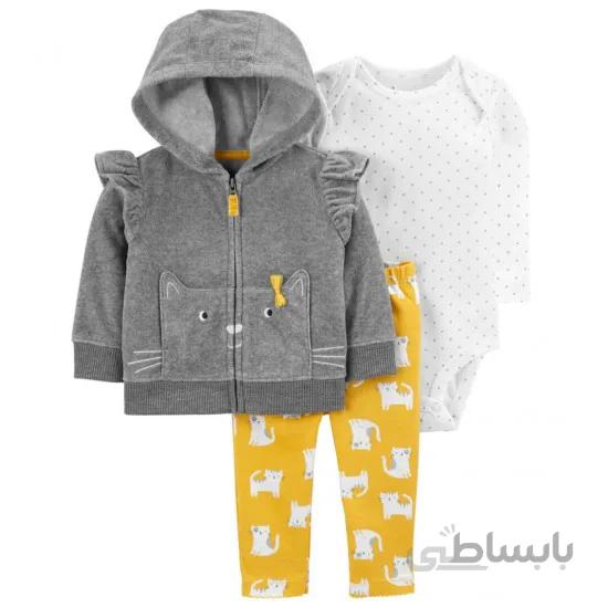 بادی سه تکه سویشرت دار فوتر دخترانه طرح گربه زرد کارترز Carters