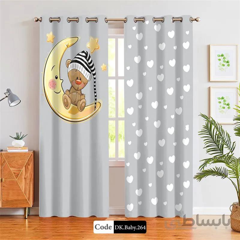 پرده پانچی (هازان و مخمل)کد DK.Baby.264 طرح نوزاد بچه خرس خوابالو و ماه