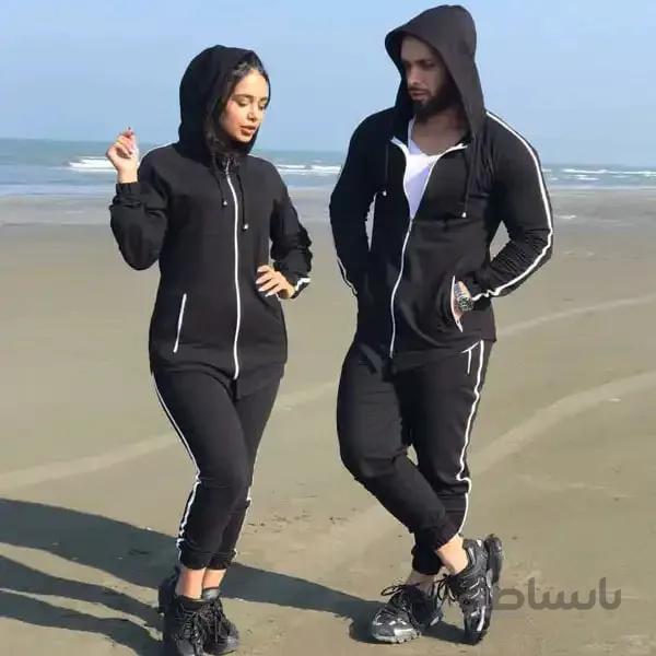 ست زن و مرد کد201 هودی و شلوار طرح نوار تک خط جنس دورس