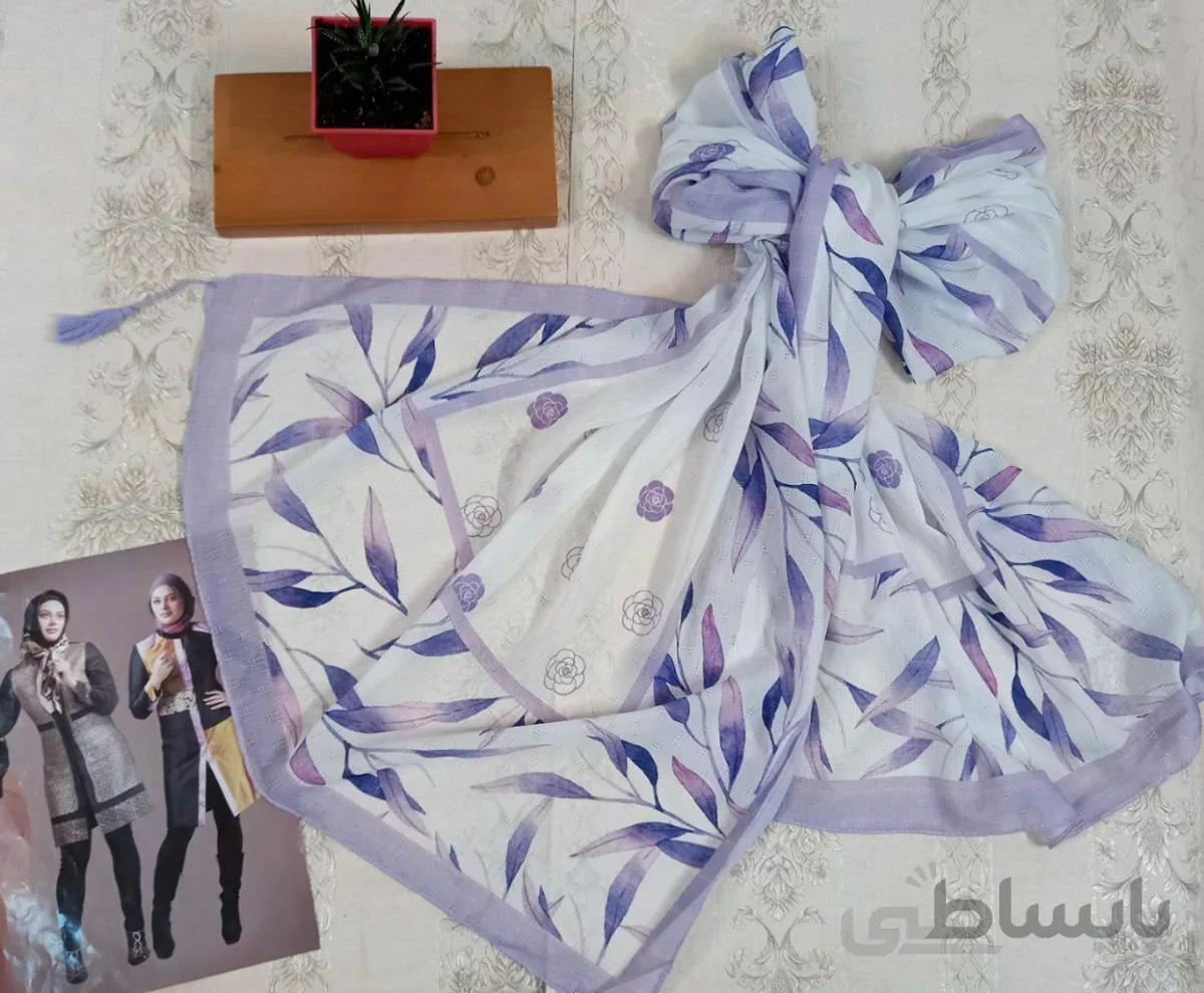 شال نخی یاسی طرح گل و برگ بهاره