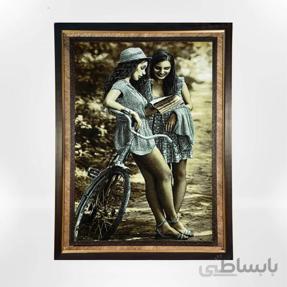 تابلو فرش دستباف طرح دختر دوچرخه سوار کد 141