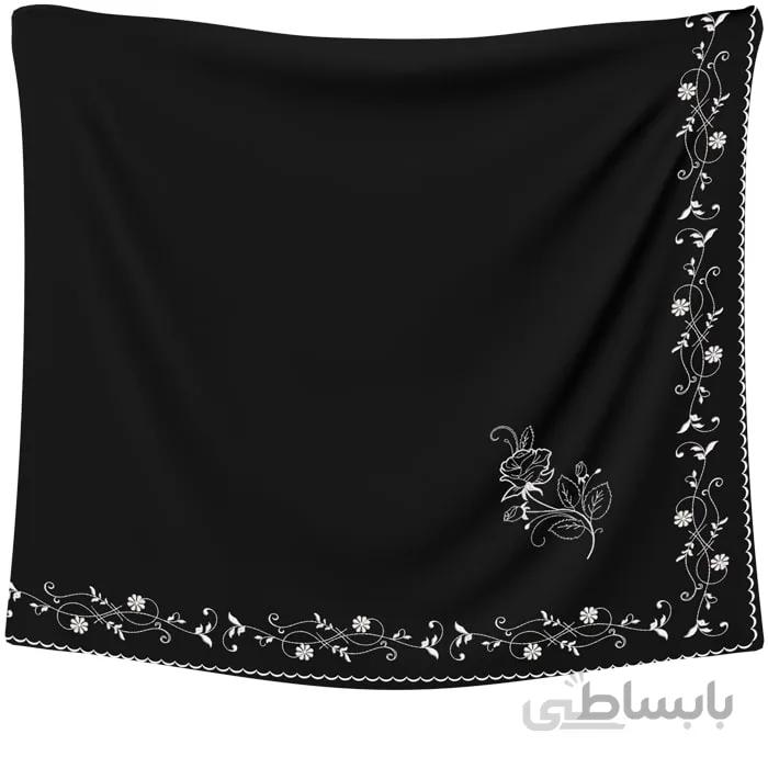 روسری حریر مشکی گلدوزی گل نقره ای