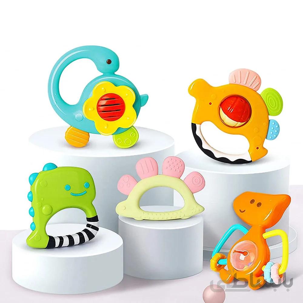 اسباب بازی ست جغجغه و دندانگیر دایناسور هولی تویز مدل 1109 Hola Toys Dinosaur Teething Toys for Baby Rattle