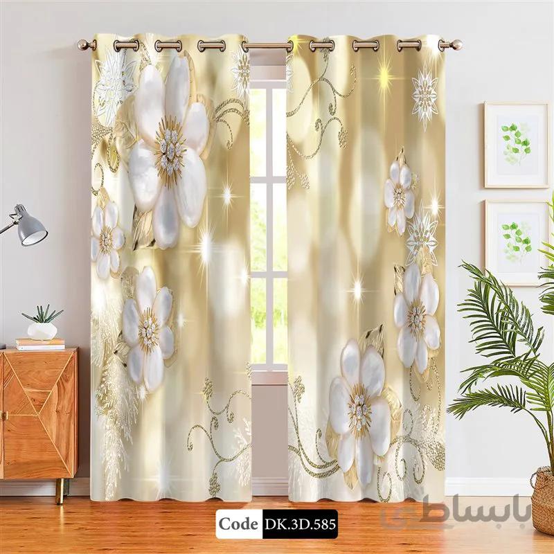 پرده پانچی (هازان و مخمل)کد DK.3D.585 طرح سه بعدی گل های طلایی