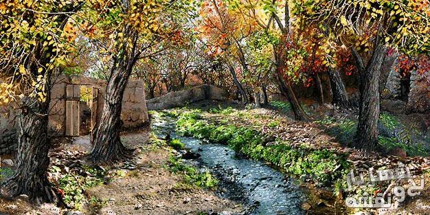 نخ و نقشه و مصالح بافت تابلو فرش طرح کوچه باغ پاییزی زیبا کد j-186