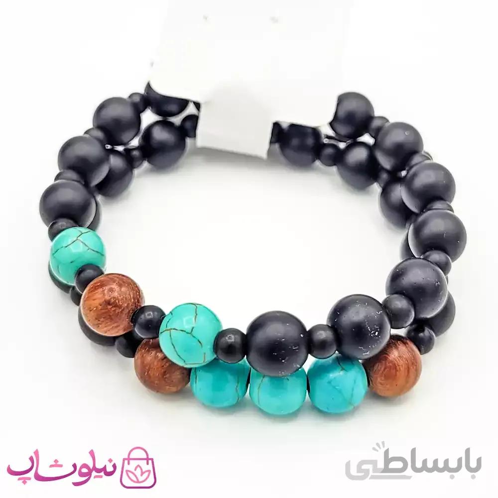 دستبند مهره ای دوتایی مشکی فیروزه ای