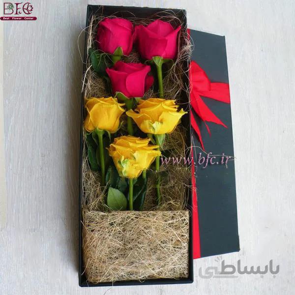 باکس گل جعبه کادویی با گل رز هلندی قرمز و زرد