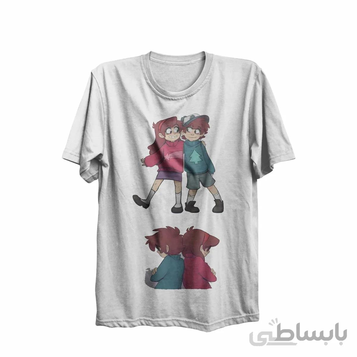 تیشرت یقه گرد سفید طرح انیمیشن ابشار جاذبه gravity falls