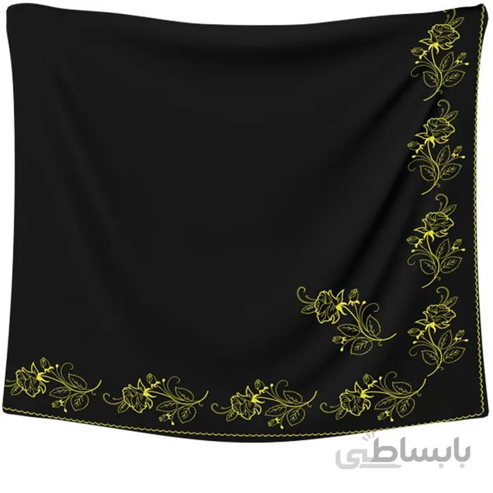 روسری حریر مشکی گلدوزی گل رز طلایی