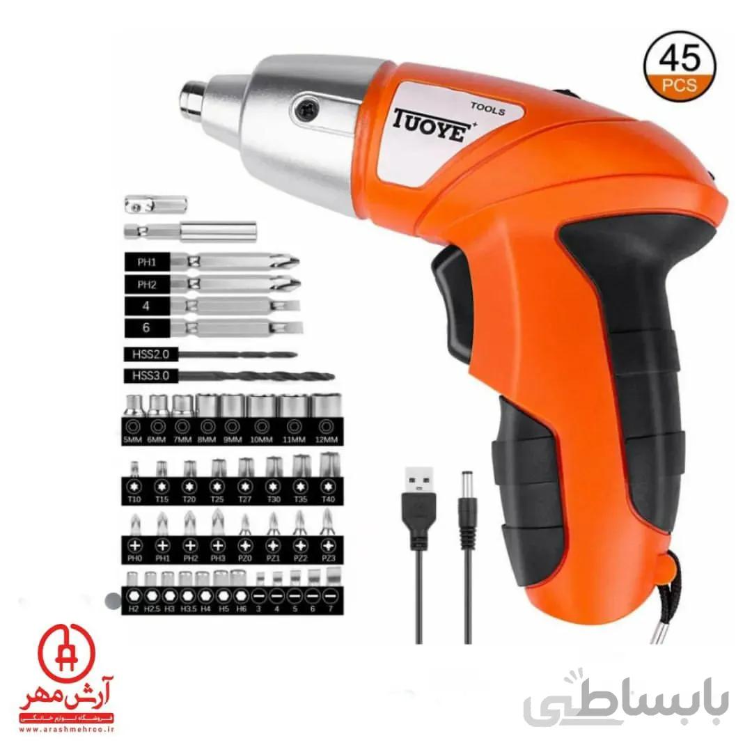 پیچ گوشتی شارژی تویو TUOYE مدل 07 قابل شارژ با کابل USB قابلیت تبدیل به مدل قلمی قابلیت چپ گرد و راست گرد دارای چراغ قوه دارای رابط منعطف دارای مته پیچ گوشتی دو سو و چهارسو و الن دارای رابط بکس