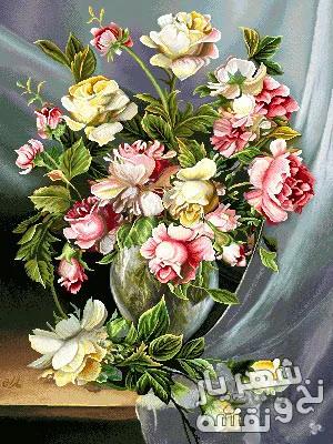نخ و نقشه تابلو فرش طرح گلدان و گل رز کد g-6206