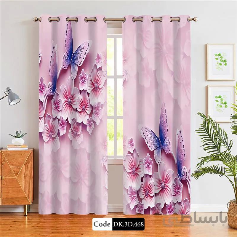پرده پانچی (هازان و مخمل)کد DK.3D.468 طرح سه بعدی گل ها و پروانه های بنفش