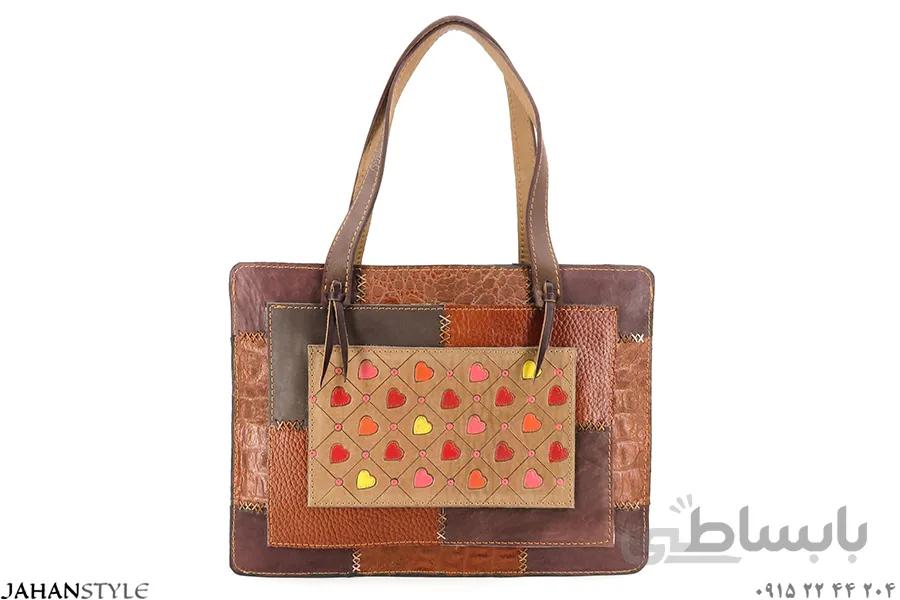 کیف دستی چرم طبیعی قلم زنی مدل چهل تکه
