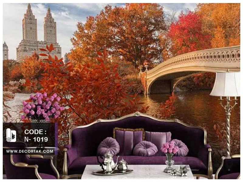 پوستر دیواری طبیعت کدN-1019طرح نمای شهر و درختان پاییزی