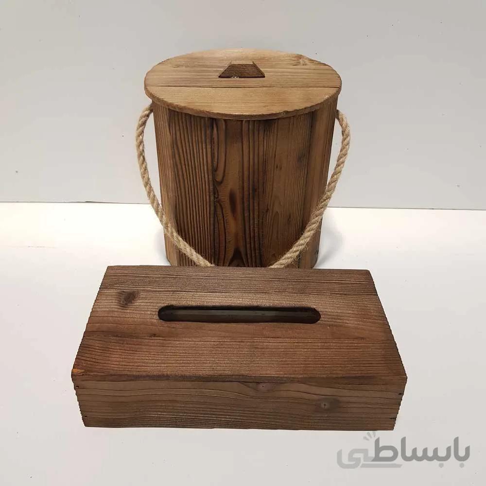 ست سطل و جادستمال کاغذی چوبی 200 برگ رنگ قهوه ای