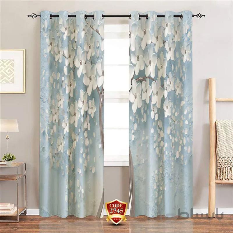 پرده پانچی کد 2745-3d-b طرح سه بعدی گل و گلبرگ آبی