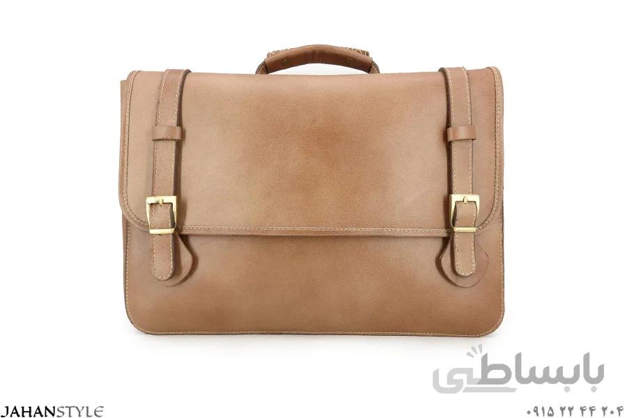 کیف اداری دوطرفه چرم طبیعی گاوی کرم