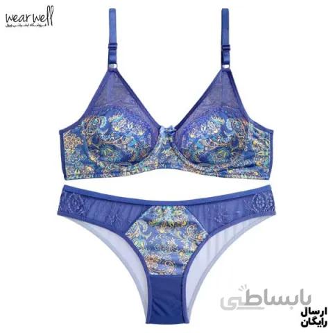 ست شورت و سوتین فنردار پرلون گیپور نوشه پوش کد 66002 آبی