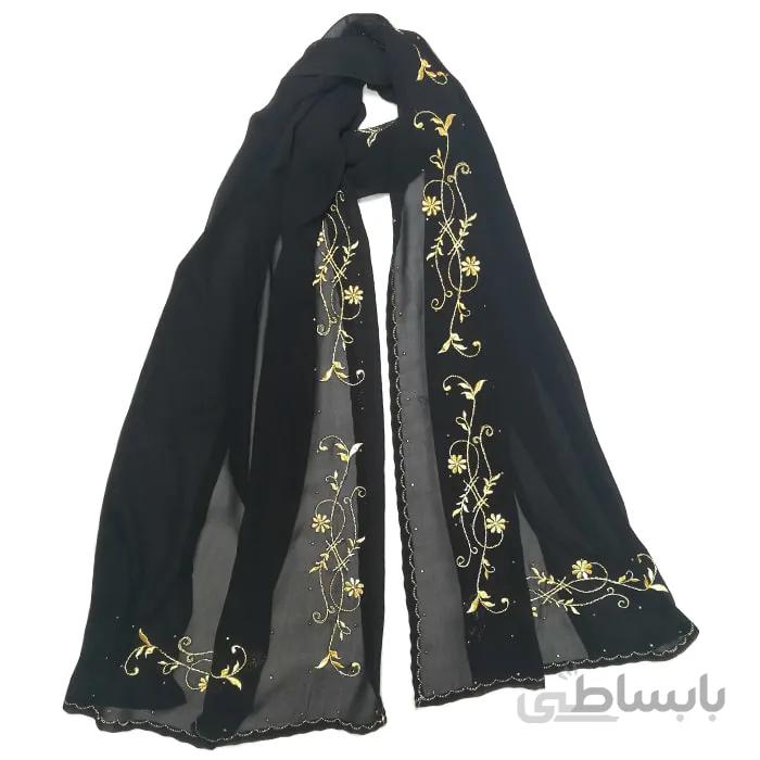 شال حریر مشکی گلدوزی گل طلایی کد 734828