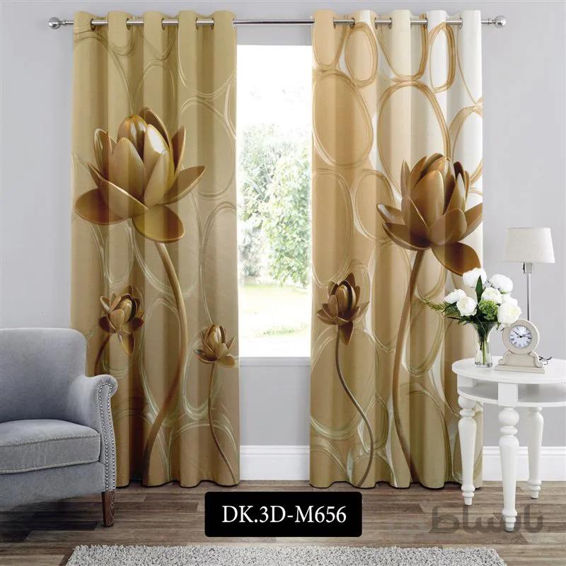 پرده پانچی (هازان و مخمل)کد DK.3D.M656 طرح سه بعدی شاخه گل های طلایی