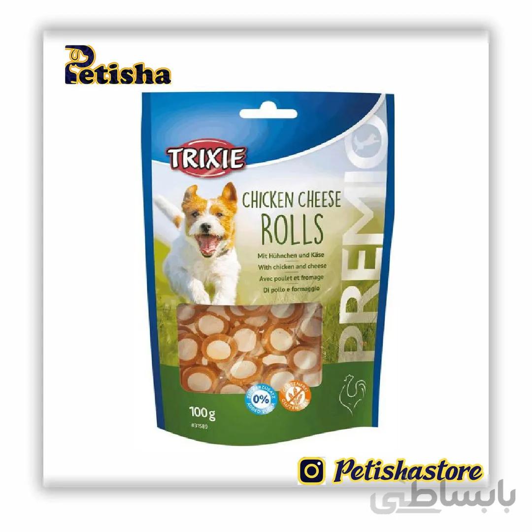تشویقی سگ تریکسی مدل Chicken cheese rolls وزن 100 گرم