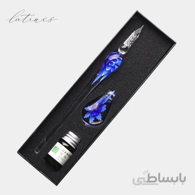 ست قلم شیشه ای گل آبی