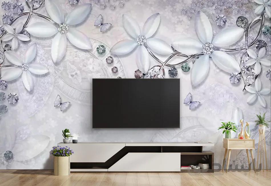 کاغذ دیواری پشت تلویزیون سه بعدی پروانه و گل DL-10278
