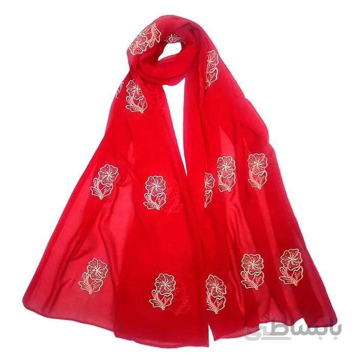 شال حریر قرمز گلدوزی گل سفید