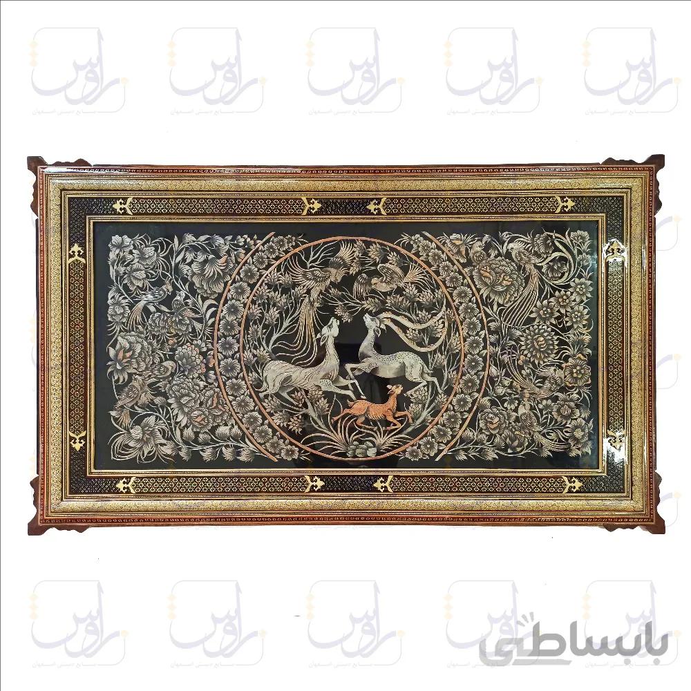 تابلو قلم زنی طرح شکار با قاب خاتم دو شاسی سایز 73*123