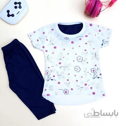 ست تیشرت (بلوز)شلوارک نخی دخترانه سفید با طرح گل و شکوفه خنک و راحت