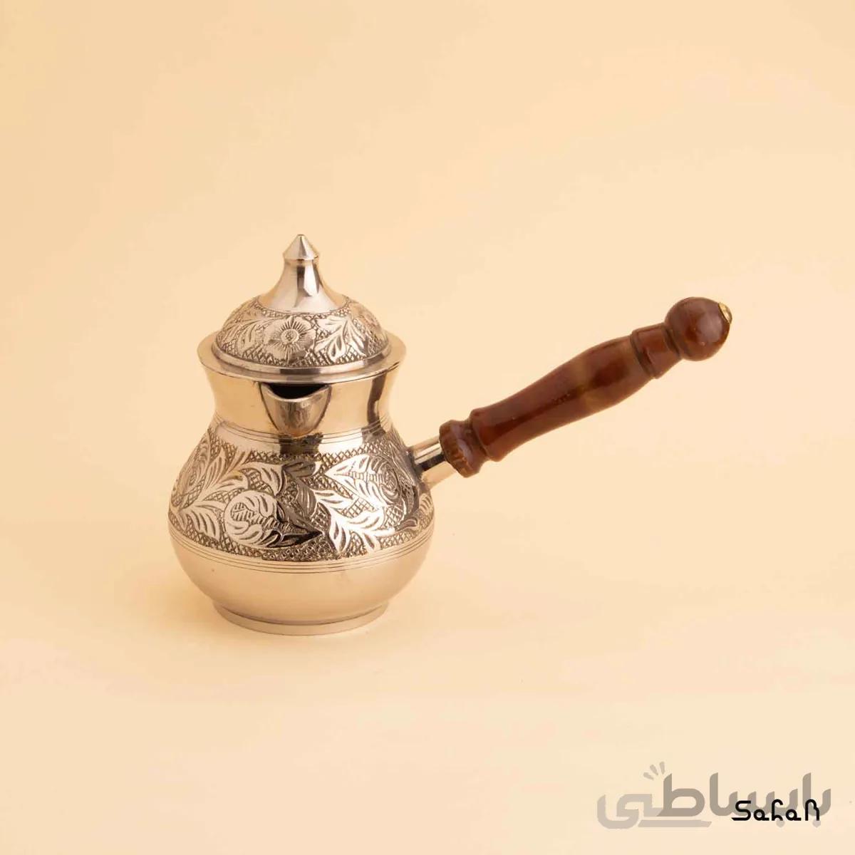 قهوه جوش برنجی نقره ای در دار مدل گلی سایز 2