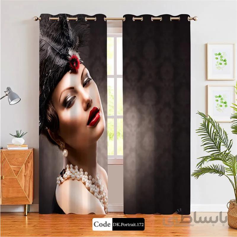 پرده پانچی (هازان و مخمل) کد DK.Portrait.172 طرح چهره زن با گردنبند مروارید