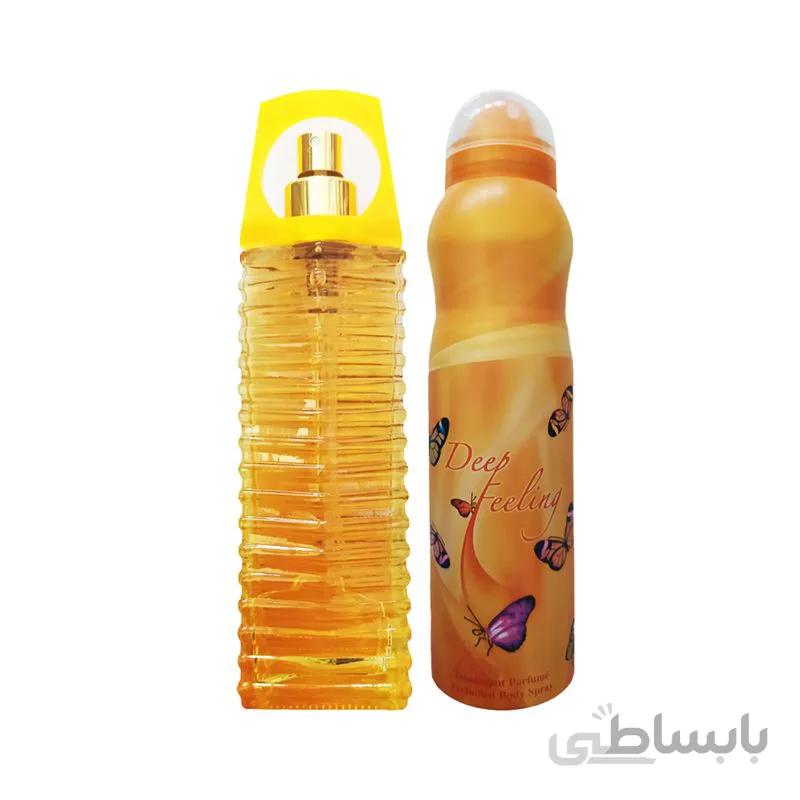 ادو پرفیوم زنانه دیپ فیلینگ مدل orange حجم 100 میلی لیتر به همراه اسپری ضد تعریق زنانه حجم 150 میلی لیتر