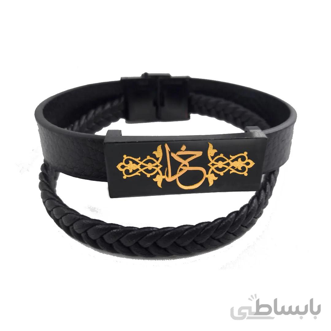 دستبند مردانه چرم با ورق طلا طرح خدا