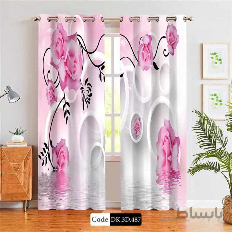 پرده پانچی (هازان و مخمل)کد DK.3D.487 طرح سه بعدی گل های صورتی در آب