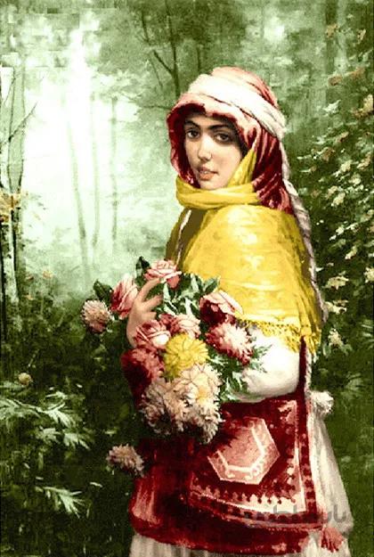 نخ و نقشه تابلو فرش دخترک با دسته گل